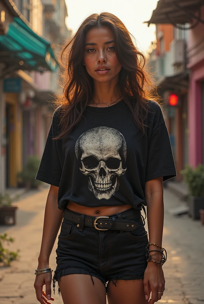 Black long hair blue eyes skull shirt what says native a necklace that says native animated girl with ripped jean pants