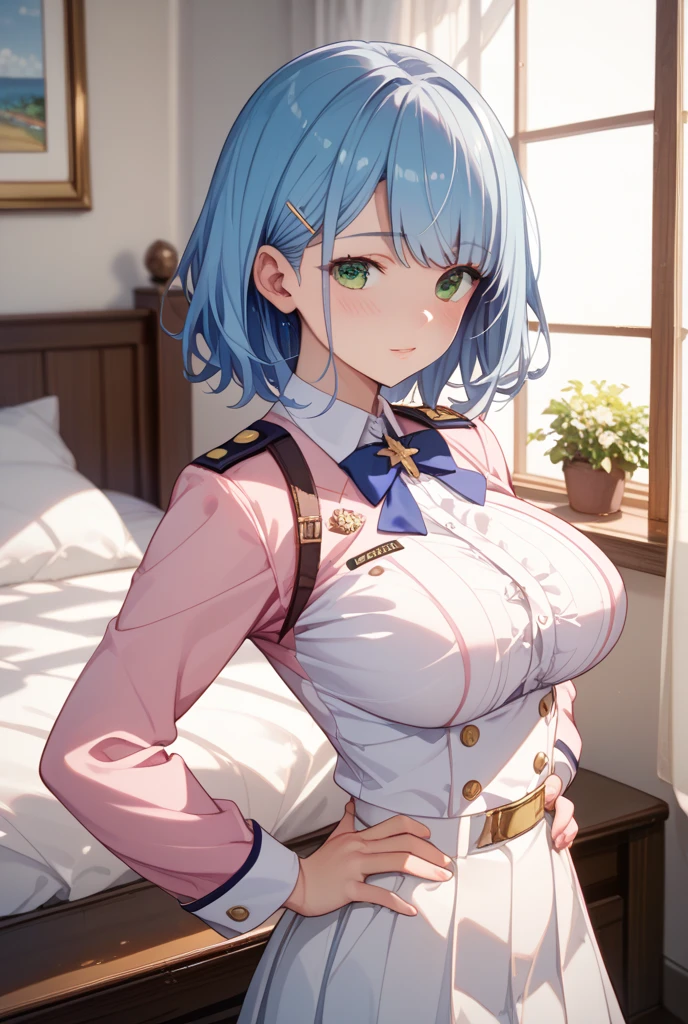1girl,big_breasts,cap,bare_shoulder,closed_mouth,cold_look,skirt,sitting,hair_over_one_eye,