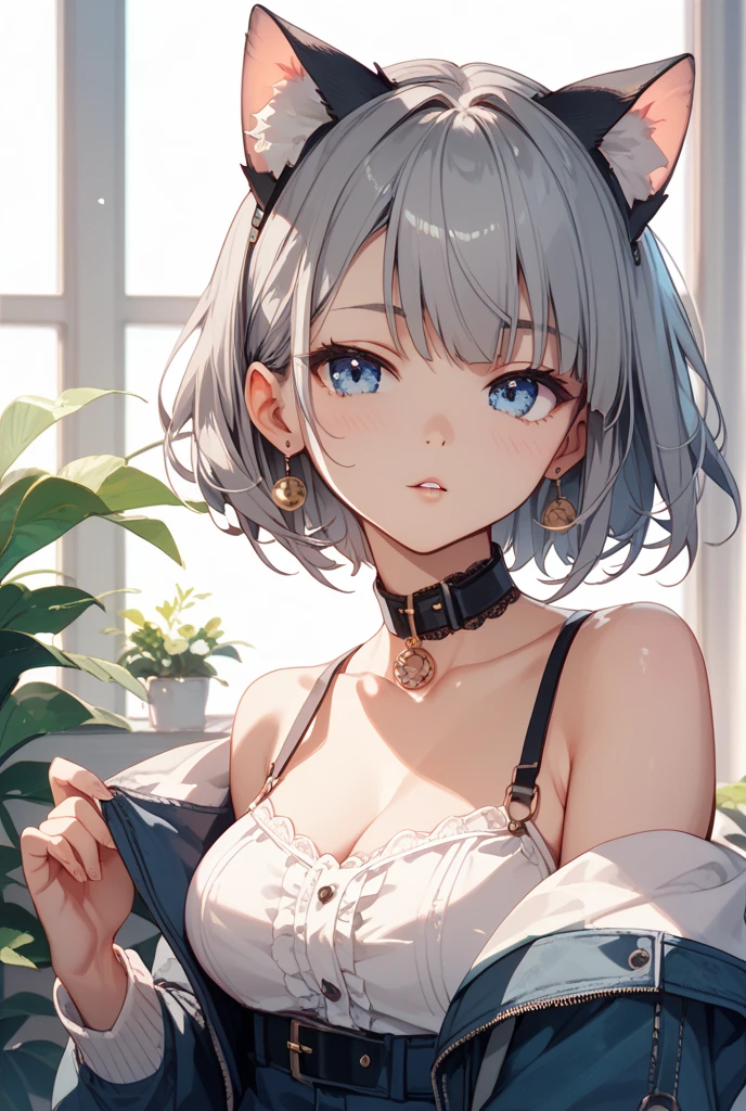 1woman, 1woman cat ears, mirando al espectador, pechos medianos, manos en las tetas, pelo color blanco, pelo corto, por el blanco, ojos verde