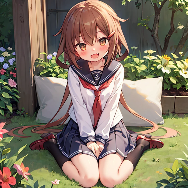 2d, masterpiece, best quality, anime, highly detailed, 1girl, solo, sumi, looking at viewer, single braid, side braid, hair bow, white bow, white shirt, long sleeves, sailor collar, red ribbon, red skirt, pleated skirt, embarrassed, blush, from below, panties, lift Skirt, sitting