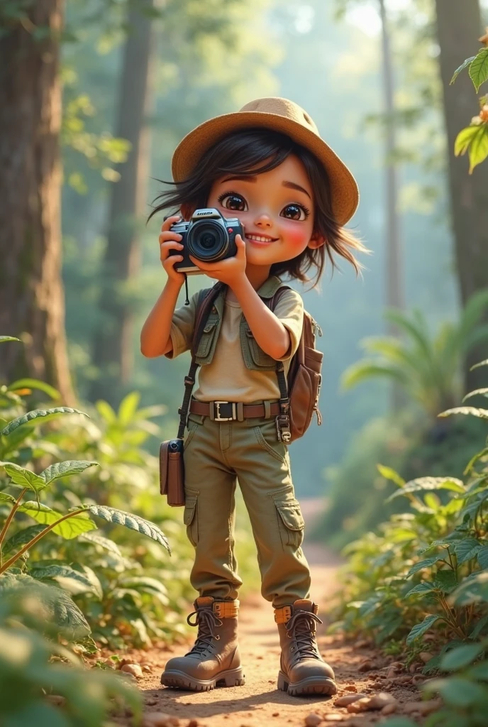 A boy with straight hair, wearing a vest with pockets, carrying a camera and a map.