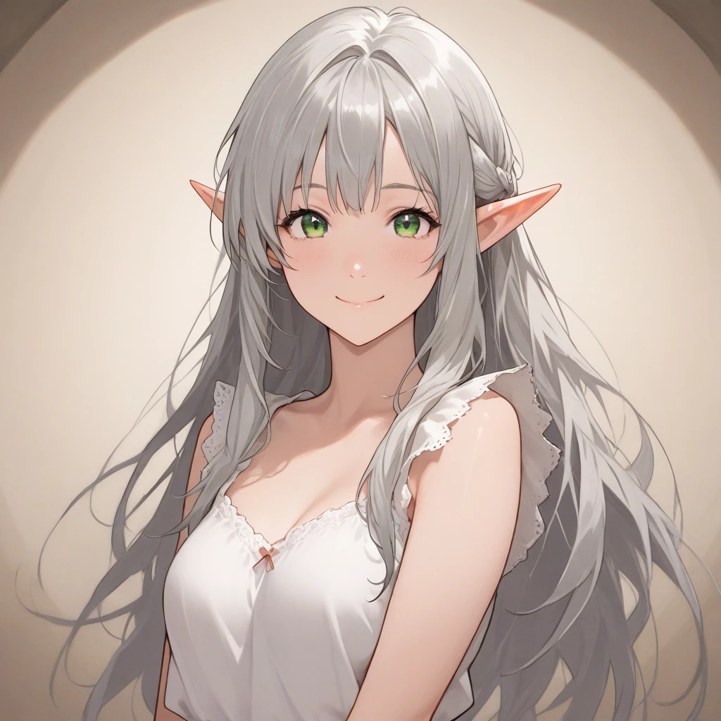 anime, anime girl, elf, cute, beatiful, grey hair, long hair, frayed hair, look at viewer, thin, love;y smile