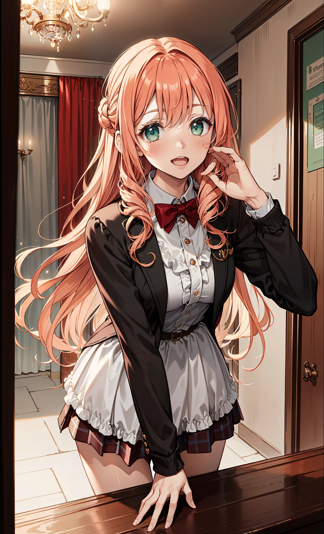((On the table, Best Quality, high resolution, nffsw, Pixel Perfect, depth of field, 4K, nffsw, nffsw))), 1 girl, Single, Lonely, pretty anime girl, Beautiful Art Style, anime characters, ((long hair, bangs, dark brown hair, curls:0.8)), (( green eyes:1.4, Delicate Eyes, beautiful eyes, perfect eyes,Curly lashes , Real eyes)), ((Delicate Face, blush:1.2)), ((Smooth texture:0.75, Realistic Textures:0.5, anime CG style)), medium , dynamic angle, full, perfect body, dynamic pose, ((red bow tie, , black jacket, open jacket, Brown Cardigan, white shirt, black dress, Plaid Skirt)), Smile, open mouth , Put Your Hand Behind, Lean forward, Armory Park, ((close up, view, charming, Shoot in the face))