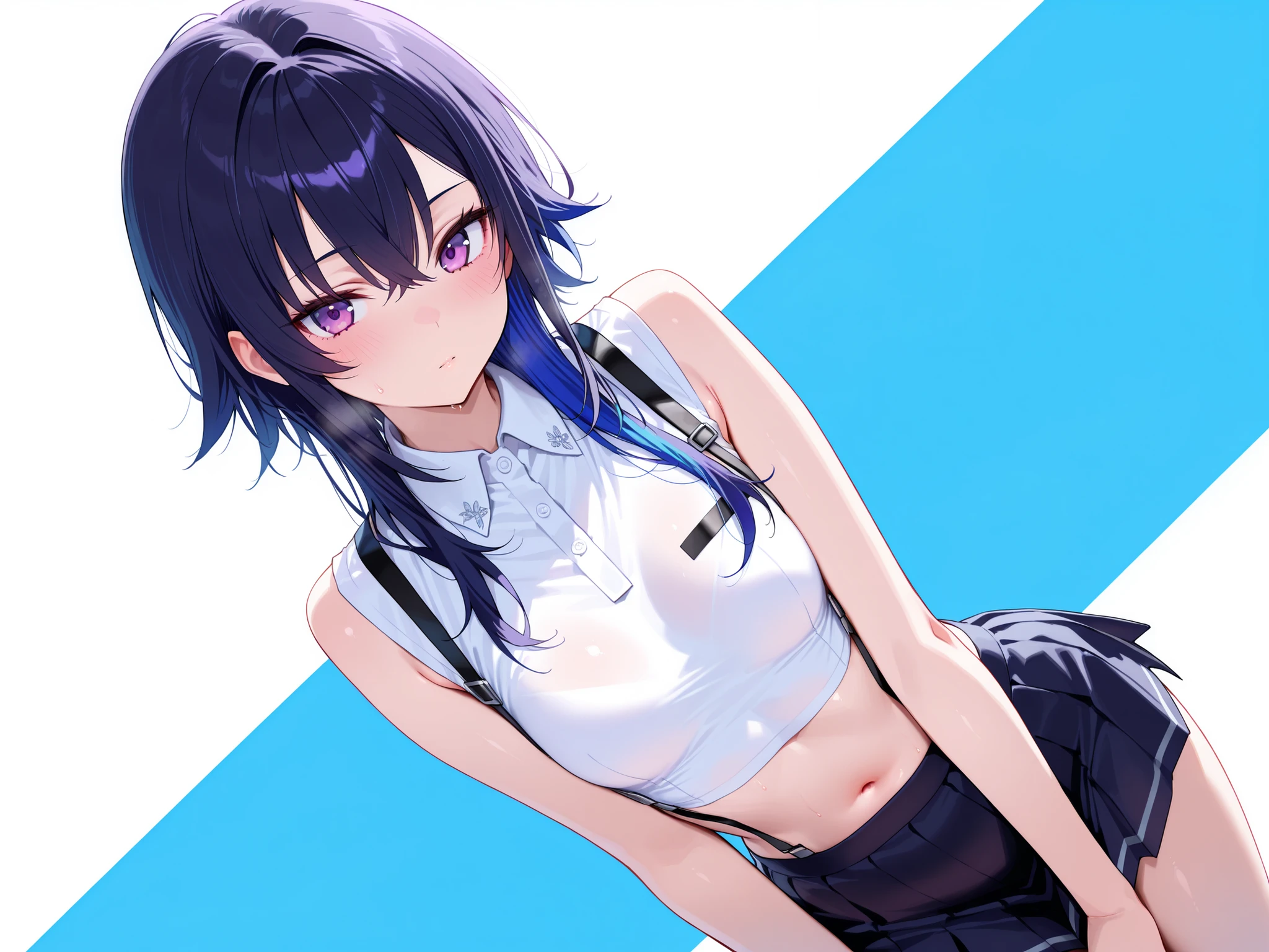 masterpiece,best quality, amazing quality, highres, absurdres, very aesthetic, high resolution, ultra detailed, perfect details,Ichin0seStrt, purple eyes, multicolored hair, black hair, blue hair, medium hair, hair over shoulder, collared shirt, white shirt, sleeveless, midriff, suspenders, suspender skirt, black skirt, small