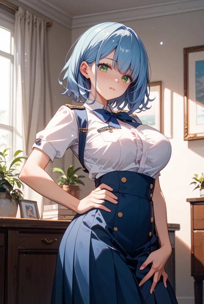Girl nude Big Breasts Blue Hair uniform Short sleeve Skirt flip Perfect Face