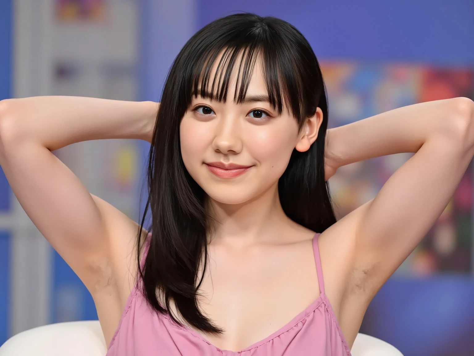 Thick dark hair under the arms、