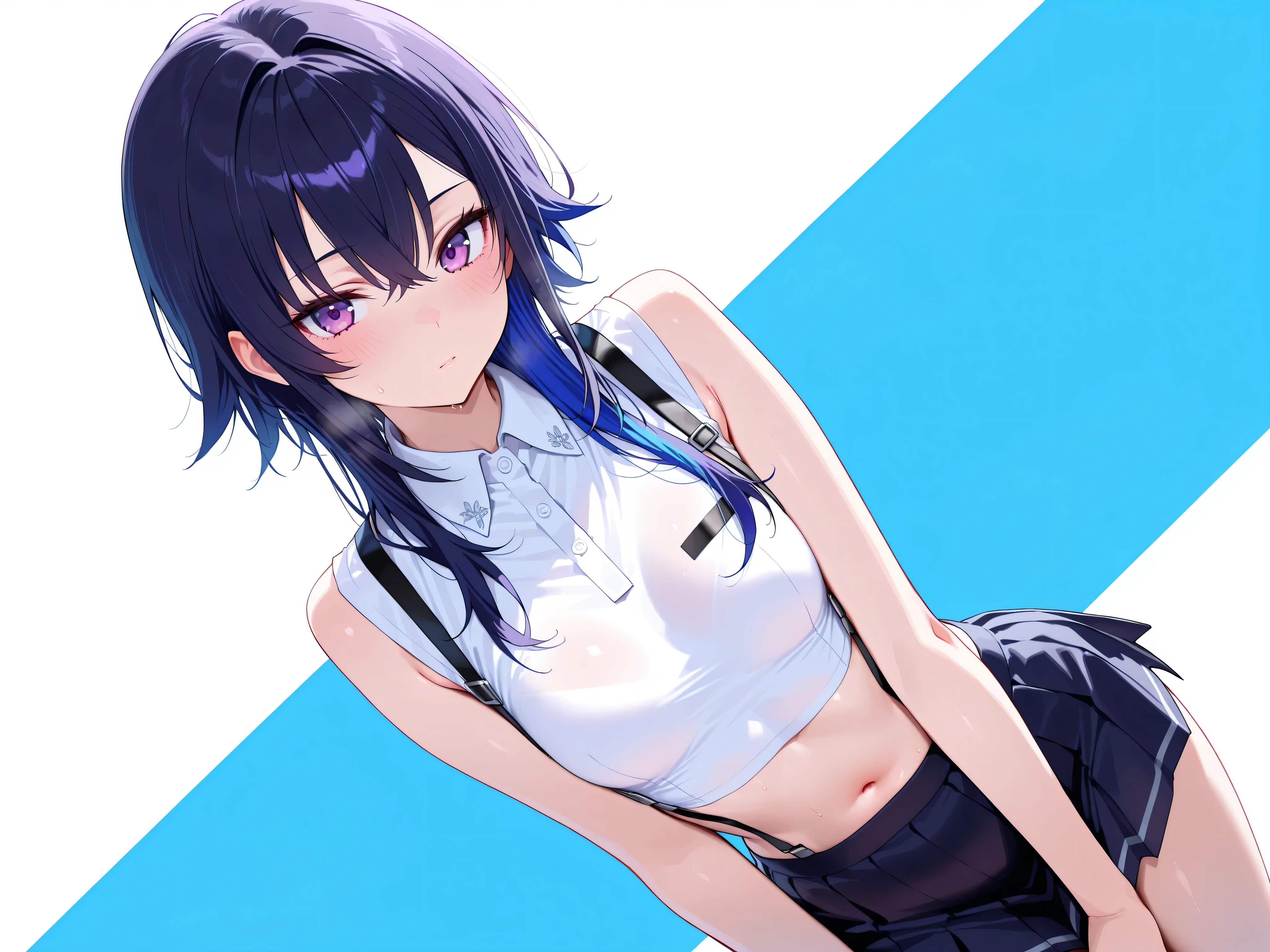 masterpiece,best quality, amazing quality, highres, absurdres, very aesthetic, high resolution, ultra detailed, perfect details,Ichin0seStrt, purple eyes, multicolored hair, black hair, blue hair, medium hair, hair over shoulder, collared shirt, white shirt, sleeveless, midriff, suspenders, suspender skirt, black skirt, small