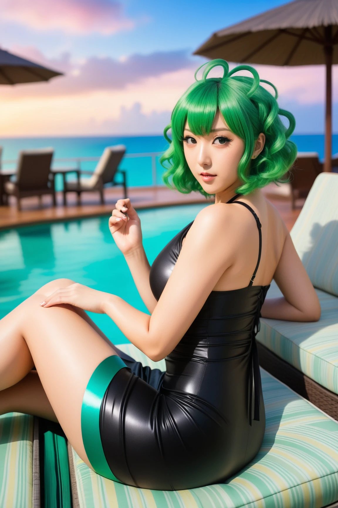 (Masterpiece, Best quality: 1.2), Cowboy shot, Solo, 1girll, tatsumaki,looking at viewert, Black dress, Blue sky, Clouds, Defined body, White panties, (((sit with your knees bent)))), Attractive feminine body, Beautiful, most famous in the world, Beautiful legs, From below.