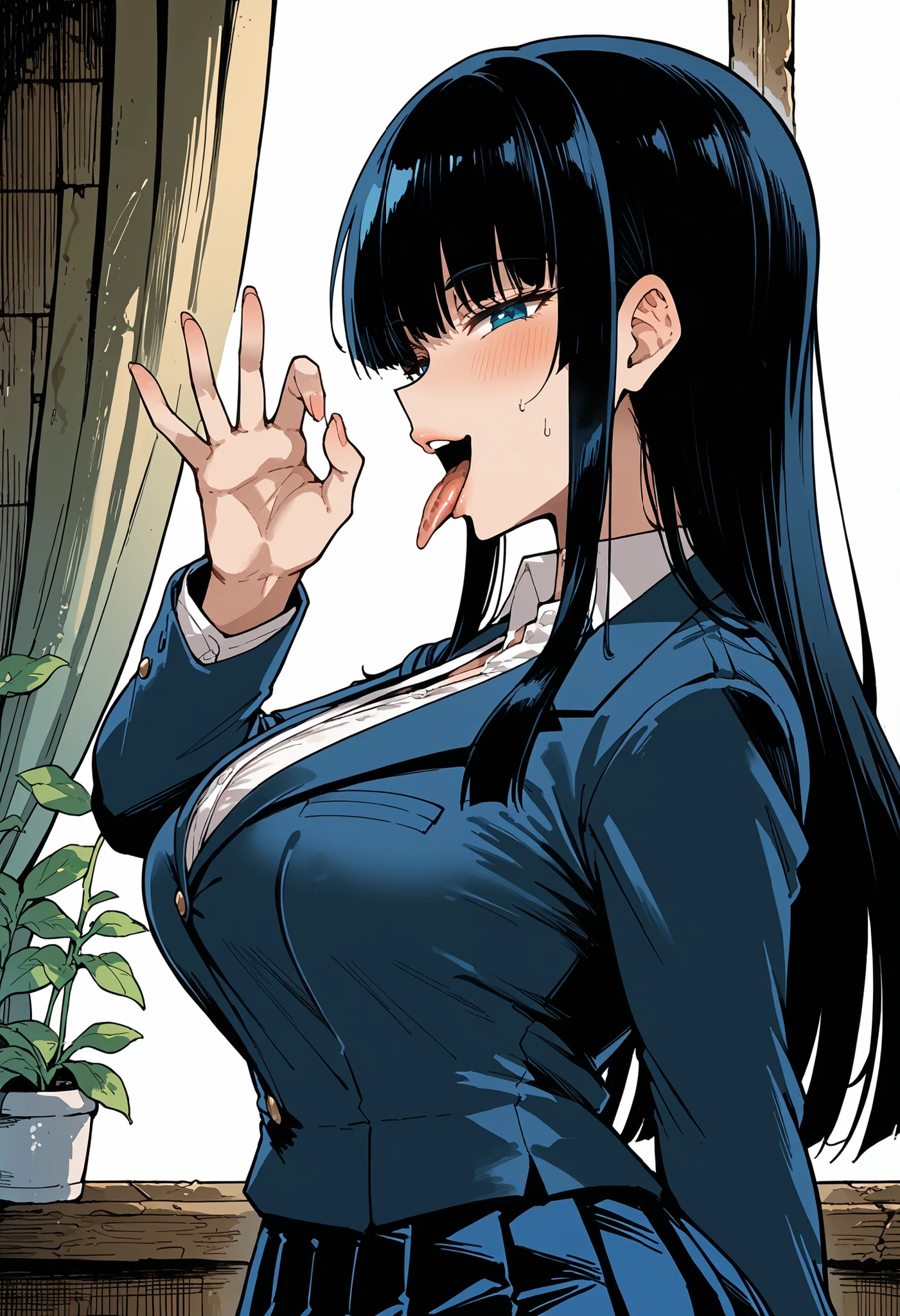 score_9, score_8_ up, score_7_ up, score_6_ up, score_5_ up, score_4_ up, source_anime, tag1, tag 2,Surrender,Kusanagi Mio , black hair, perfect face, perfect lighting, , ,Big Breasts, malicious smile 、 Lick'lips、 Fellatio Gestures That Emphasize Your Curves and Strength , perfect big breasts, ( {{x}} )), ( long erect nipples :1.95),sweat,、 skirt for ears , shirt, long sleeve , uniform, jacket, white shirt, pleated skirt for ears , Thailand, collared shirt, mini skirt for ears , blue skirt for ears , blazer, blue jacket, green Thailand、 from the side:2、Boob Tent、 Fellatio Gestures s from the side 6135, Fellatio Gestures , from the side, Let's Play by Moving Your Chest with Your Tongue , opening a mouse