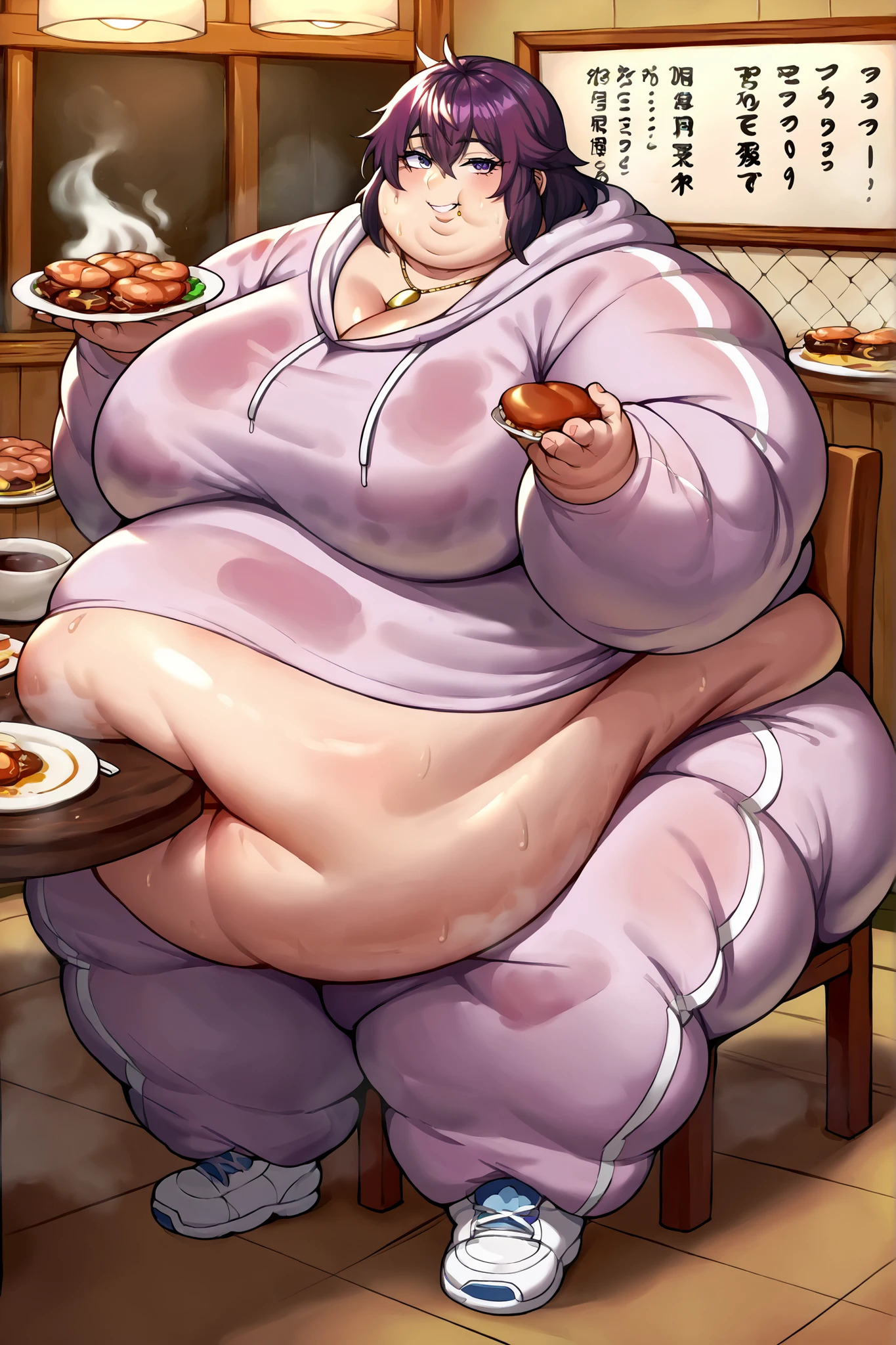 masterpiece, best quality, ultra-detailed, illustration, epic lighting, cinematic composition, isometric, 1girl, , brown eyes, black hair, swept bangs, single sidelock, red hairclip, white collared shirt, black necktie, black pants, formal, bedroom, lies on the bed, view from above, cowboy shot, looking at viewer, upset, fattening, around her more food, eat more food, satisfied, full-face blush, huge breasts, huge thighs, (venusbody:1.3)(peace signs), (8k:1.1), big belly, fat belly, massive belly, fat body, big fat thighs, fat hips, fat butt, (big belly:1.2), ahegao