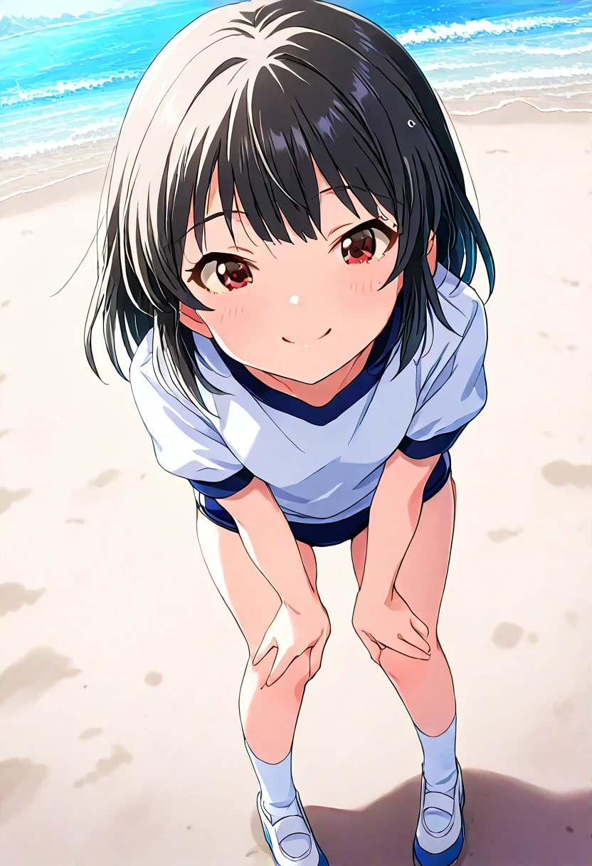 One girl,Nozomi、Gentle expression、smile、Welcome、Sexy pose、Pastel-colored sexy swimsuit、nsfw,Ocean、beach、noon、blue sky、Sitting、Leg spread、from above,A complete depiction of the human body、masterpiece, Highest quality, Game CG, ultra detailed、highres、extremely detailed CG 