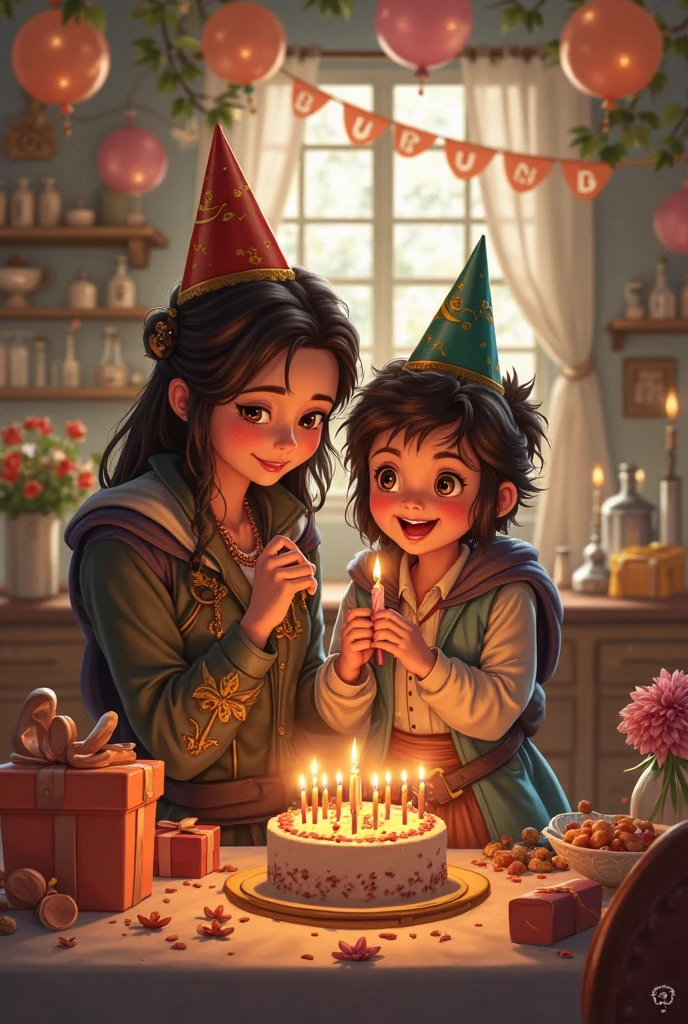 (Melhor qualidade, 4K, high resolution, obra de arte: 1.2), ultra detalhado, (realista, photorealista, photorealista: 1.37),(Uma com olhos castanhos, cabelo ondulado escuro na altura dos ombros, smiling and happy person is standing in a classroom, holding a simple wooden magic wand and casting intricate and powerful spells under a small birthday cake:1.4),(Her friends look at her very happy, looking forward to the celebration.:1.3), Flashes brilhantes de luz iluminam o ambiente. The girl's eyes fill with joy as he waves his wand with precision.. The air is charged with magical energy, crepitando e rodopiando em torno deles. The classroom is full of old books, potion bottles, and other magical artifacts. The walls are adorned with intricate tapestries that depict the history of magic at the bottom a small plaque has writing on it: "Wizard's Cauldron". The atmosphere is mysterious, encantadora e feliz . The spells she casts are vivid and dynamic, criando efeitos visuais impressionantes que cativam o espectador. The colors are rich and vibrant, com uma pitada de brilho sobrenatural. The lighting is spectacular, casting long shadows and highlighting the child's face with a magical glow. The scene radiates a sense of wonder and happiness. Happiness is clear on the child's face and the power of the spells make it clear that he is a talented magician., destinada a grandes coisas. Image quality is excellent, with ultra-detailed textures and sharp focus. The artwork has a realista yet fantastical feel, combining elements of digital illustrations and traditional paintings. The colors are carefully chosen to create a harmonious and magical atmosphere, with a touch of warmth and mystery. The scene is bathed in soft, Luz natural, that casts a soft glow over the surroundings. The overall composition and perspective draw the viewer into the magical world, evoking a sense of wonder and celebration Tolkien Style.