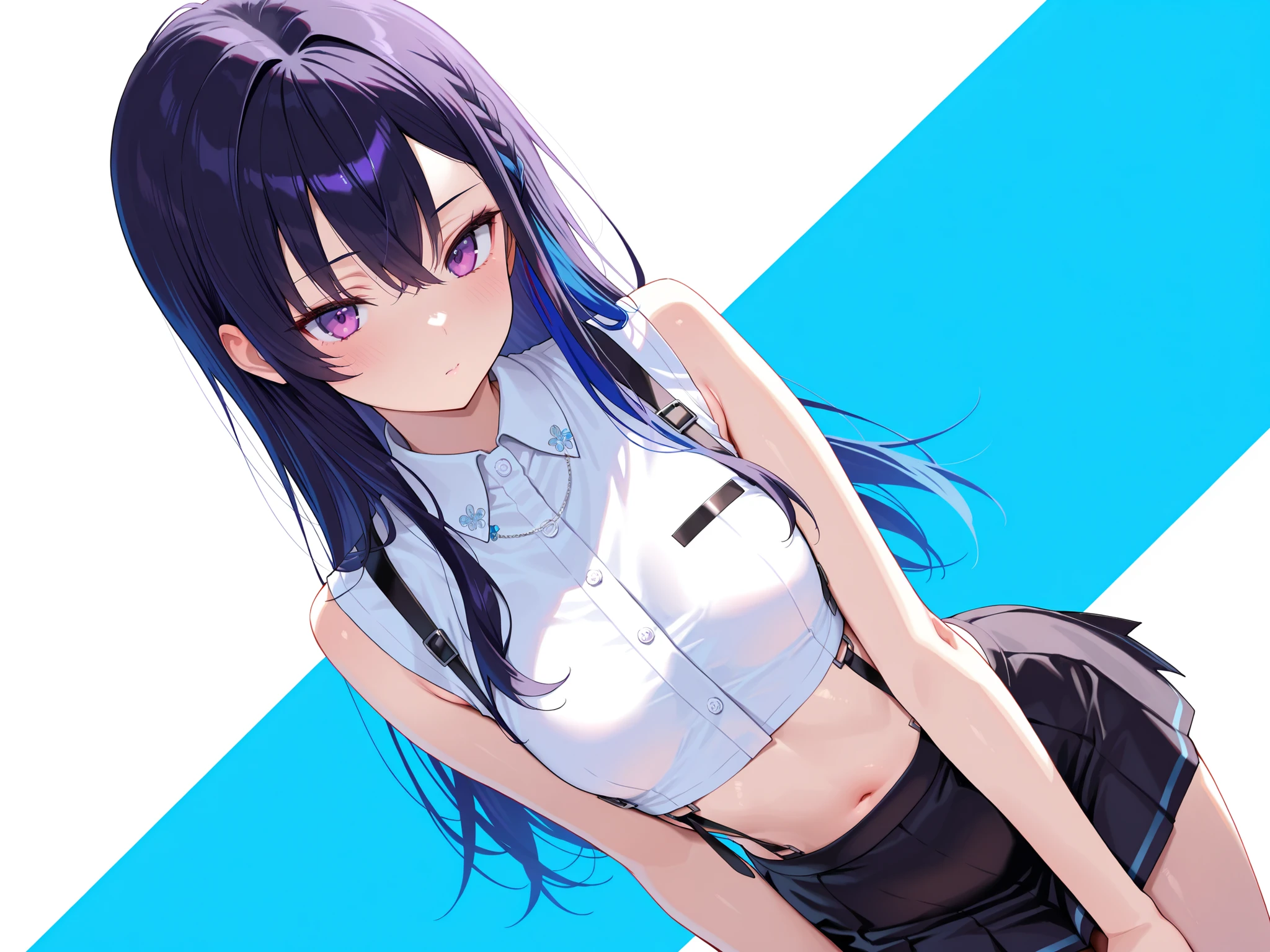 masterpiece,best quality, amazing quality, highres, absurdres, very aesthetic, high resolution, ultra detailed, perfect details,Ichin0se, purple eyes, multicolored hair, black hair, blue hair, long hair, braid, collared shirt, white shirt, sleeveless, midriff, suspenders, suspender skirt, black skirt, small
