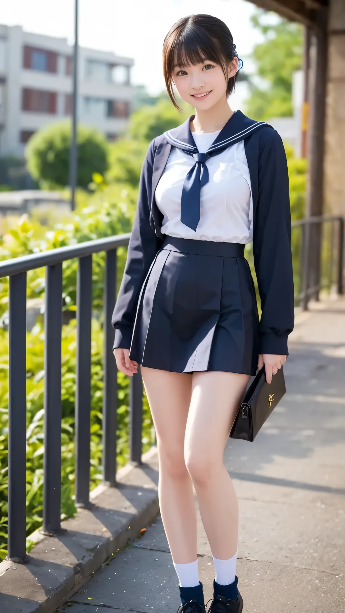 masterpiece, best quality, ultra-detailed, nsfw, simple_background, 1girl, solo, cowboy shot, black eyes, (tsurime), (((smile))),black hair, (((school uniform))),(((sailor suit))), (((cleft of venus))), (((younger))), (blunt bangs), (short stature), ((((bottomless)))),(((No panties))),(((pussy))),(bow tie),(student bag), ((walk on the road))
