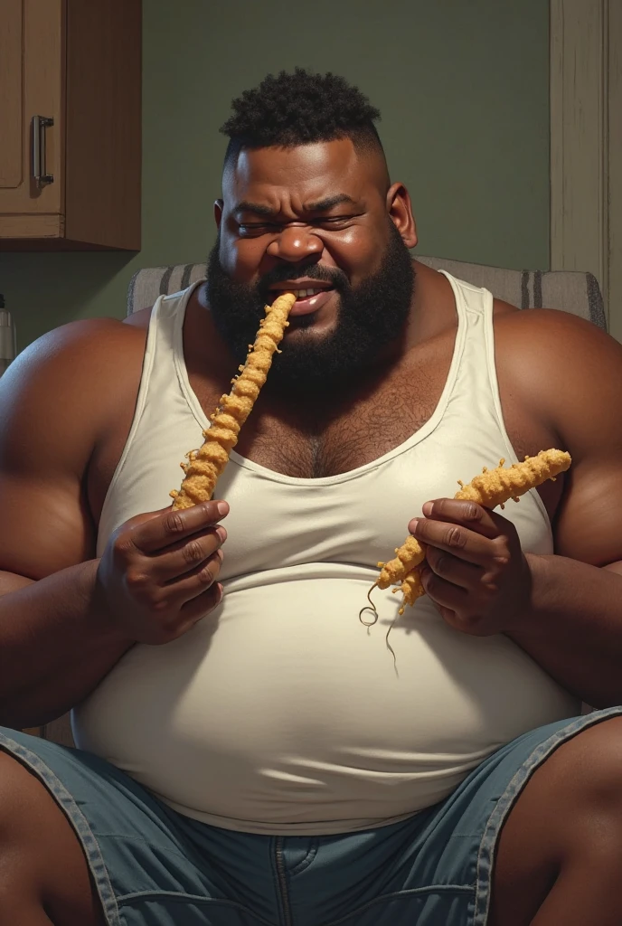 Side profile of a full body photo of a morbidly obese fat hairy black man with a hugely distended round beerbelly, eating at a restaurant shirtless with food all over him and the table and a server feeding him more food