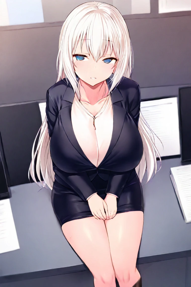 painting (by ratatatat74:1.25), 1girl, solo, (dark skin:1.31), silver hair, office suit, strict, office, arms crossed, on chair, 4K, majestic lighting