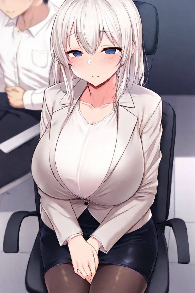 ((masterpiece, best quality)), from above, 1girl, standing, white hair, long hair, (large breasts), black bra, bra out, BREAK perfect body, shiny skin, yellow eyes, black suit, white shirt, vivid color, inside train, small paperback, holding paperback, reading paperback, congestion, (crowded train:1.2), molestation, hands, pulled clothes,
