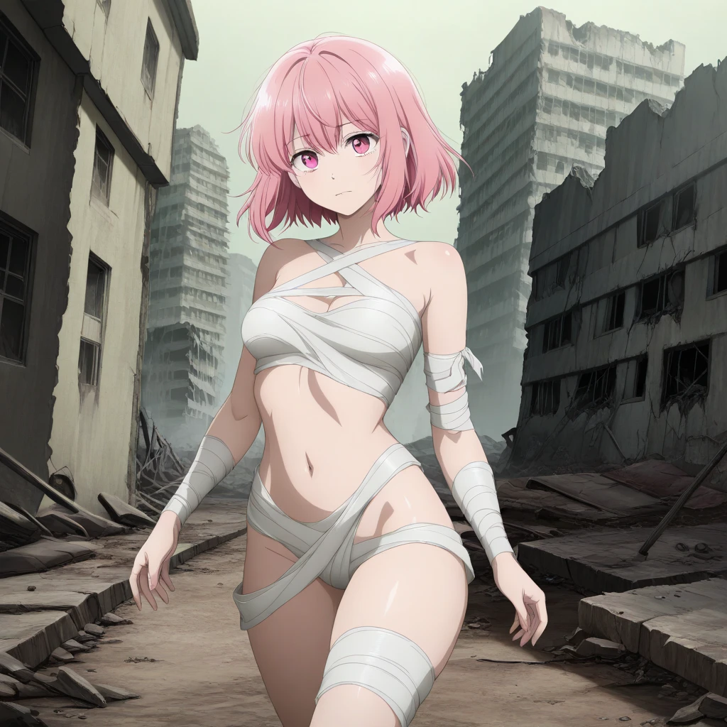 One side of the dress is torn at the chest、Dust cloud、tits、Nipples fully visible、receive damage from an attack、anime、((Battle scene in the ruins))、blush、Line art、Pencil drawing、short hair、Black Dress、Red Hair、Red eyes