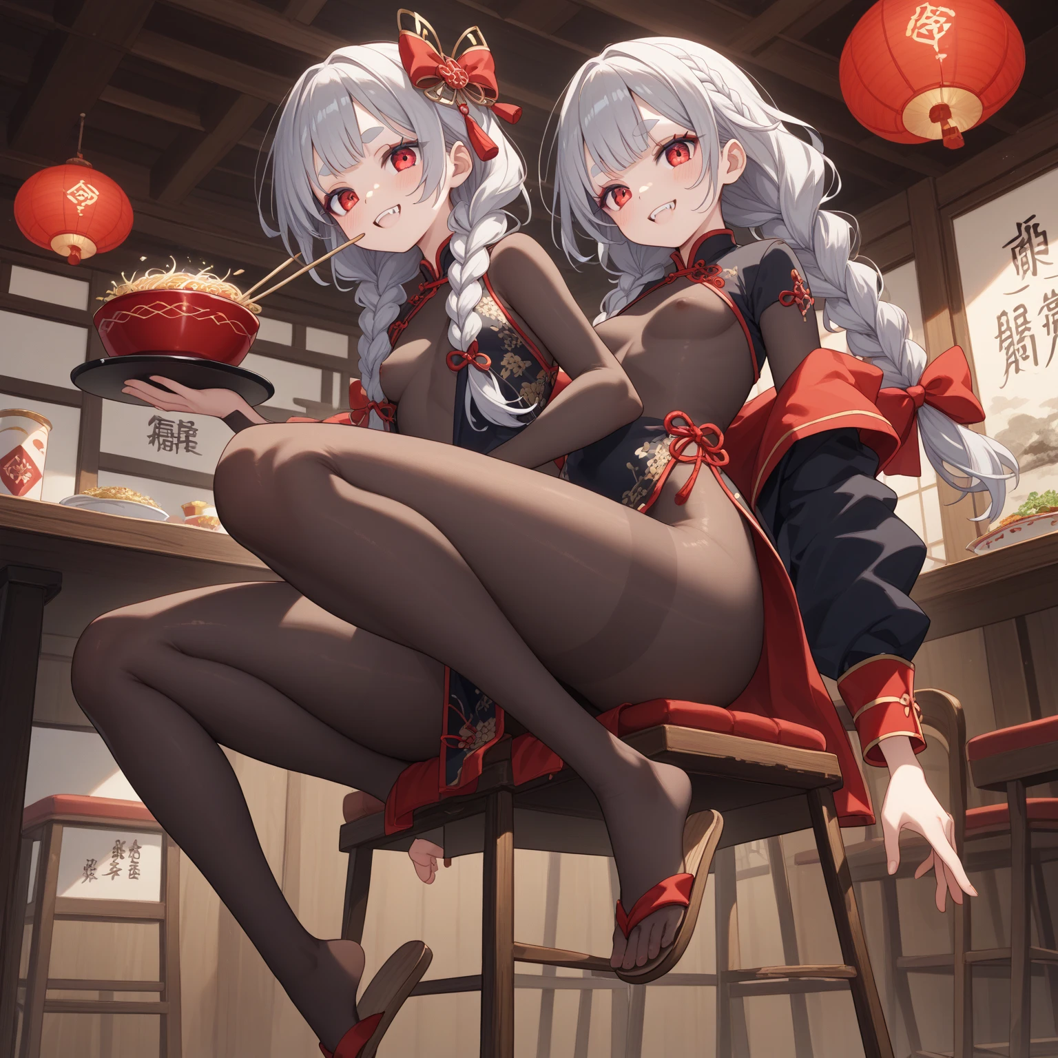3 girls, naked, hutao from genshin, no clothes, hut