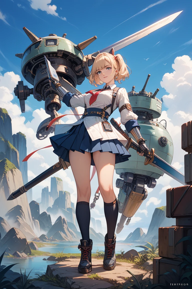 (masterpiece),(intricate details),1girl,mature female,huge breasts
BREAK mutsu kancolle,<lora:Mutsu_KanColle-10:0.7>,  mutsu_\(kancolle\), remodel_\(kantai_collection\), brown_hair,  green_eyes, headgear, short_hair,
BREAK
anchor, black_skirt, breasts, , cannon, chain, full_body, gloves, huge_breasts, machinery, miniskirt, pleated_skirt, red_legwear, rigging, skirt, smokestack, solo, standing, thighhighs, turret, white_gloves,perfect thighs, perfect legs, wide hips, slender waist, covered nipples,
BREAK day,sun,rainbow,sea, ocean , water,((cumulonimbus)),from below:1.4,<lora:more_details:0.3>,<lora:Tsurime3:1.3>,