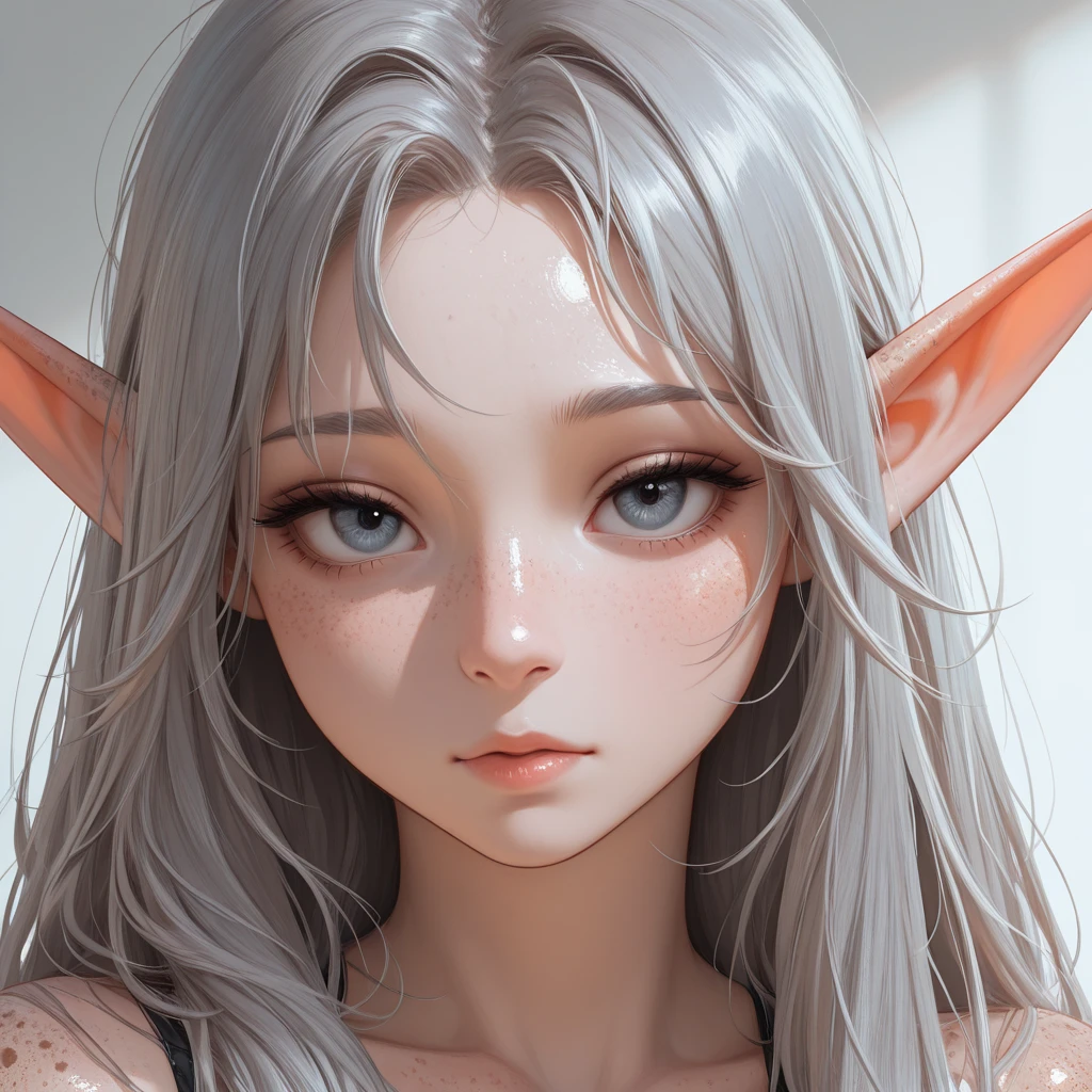 detailed eyes, UHD, retina, masterpiece, accurate, anatomically correct, textured skin, super detail, high details, high quality, award winning, best quality, highres, 8k, sleepy face, close-up, UHD, retina, masterpiece, accurate, anatomically correct, textured skin, super detail, high details, high quality, award winning, best quality, highres, 8k, front views, anime, anime girl, elf, cute, beatiful, grey hair, long hair, frayed hair, look at viewer, anoyed, thi
