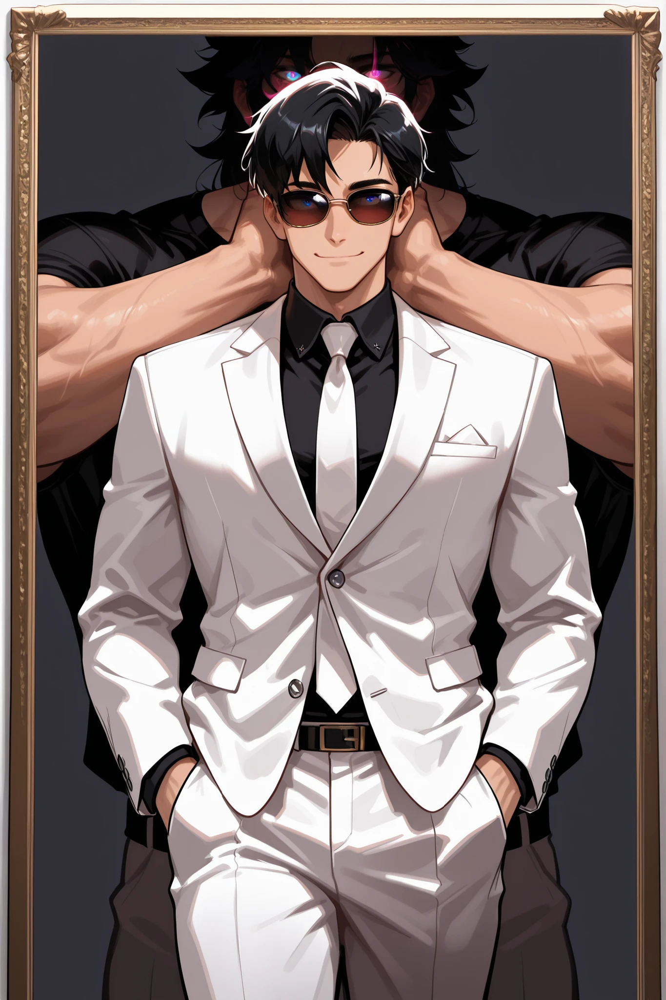 Highest Quality,最高masterpiece,masterpiece,one man,handsome, youth,muscular,black hair,Trimmed hair,colorful eyes,glowing eyes,I'm wearing thin sunglasses, Gentle Smile,white suit,black shirt,White tie,with hands in pockets,standing up picture,simple background