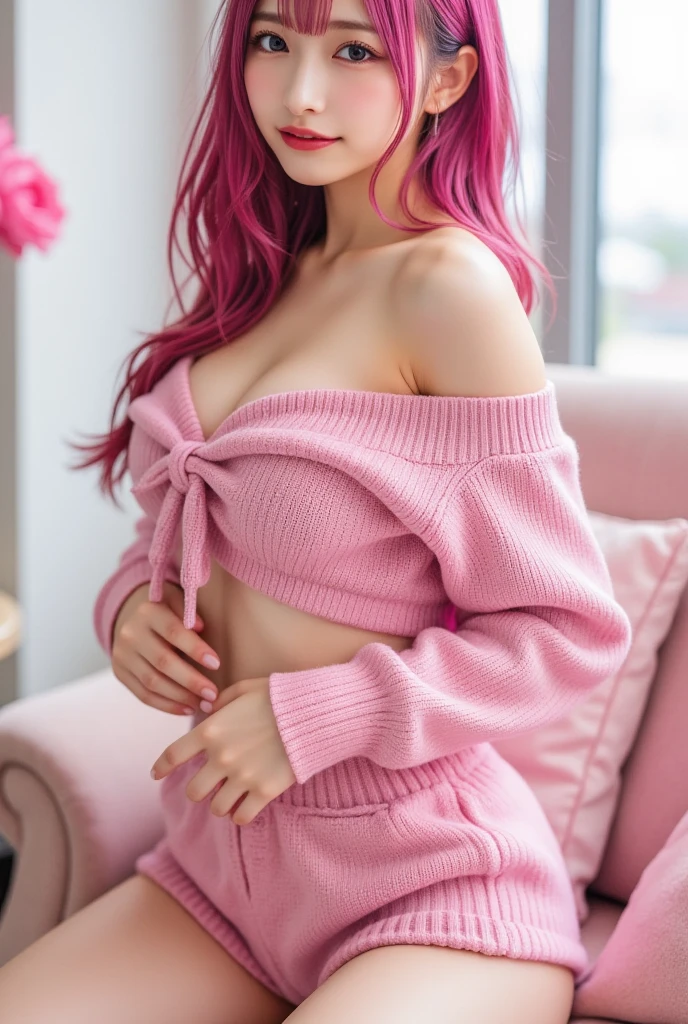 Masterpiece, Detailed Picture, 8K quality, Ultra realistic graphics, High quality, Detailed hair, Detailed cloth, Teen, 17 years old, Curvy body, soft and delicate skin, cute face, long light coloured bright pink hair with bangs, purple eyes, Wide smile, White teeth, blushing pink, huge breasts, thin waist, thick thighs, big ass. makeup, ribbed off-shoulder pink sweater, short Skirts.