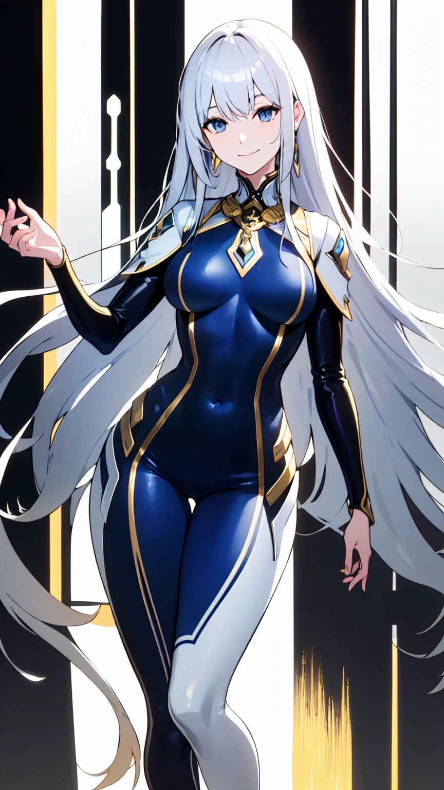 ((masterpiece, best quality)), Detailed face,Perfect body proportions,Long legs,((Long wavy hair)), ((Half of her hair is white,The other half is golden,Divided into two colors)),beautiful eyes,Fantasy style,White background,extremely beautiful,rose,transparent,bodysuit,exposed, full body, full body shot,(((tight outfit))), legs sraight, standing straight,large breasts, wide hips, slim waist, heels