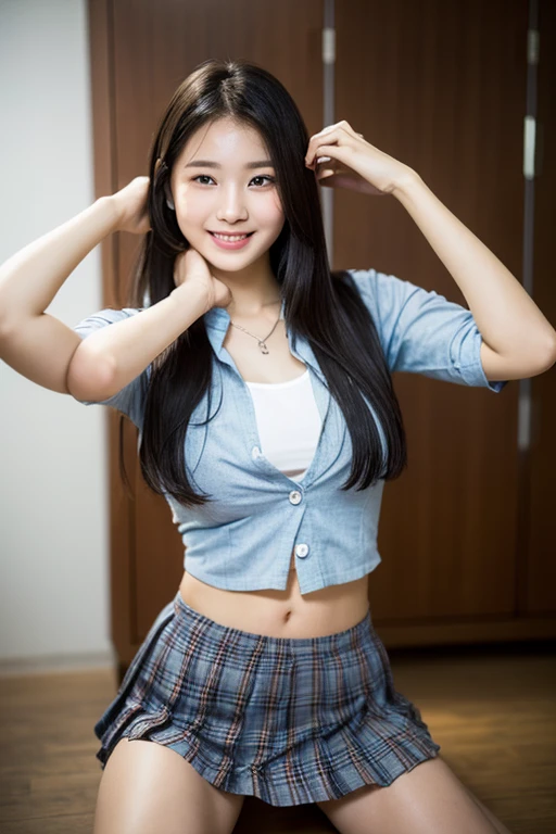 (masterpiece, Highest quality:1.2 Ultra high resolution), 8k,wonderful、 Young and beautiful, Polka dot panties、Official AR RAW Photos, Baby Face、photo shoot, Cute Face, Thighs, , Looking at the audience, Embarrassing、smile、No makeup, , Detailed face, Primary school students((((((Child actor))))))、Tight waist、、locker room、Don'T Don'T 、Improved image quality、bangs、Random Color Bra、I also wear panties、Beautiful Dream、Growing young woman。take off your clothes、Please wear a bra、Creates softness、Soaking wet、Change into small panties、bangsを