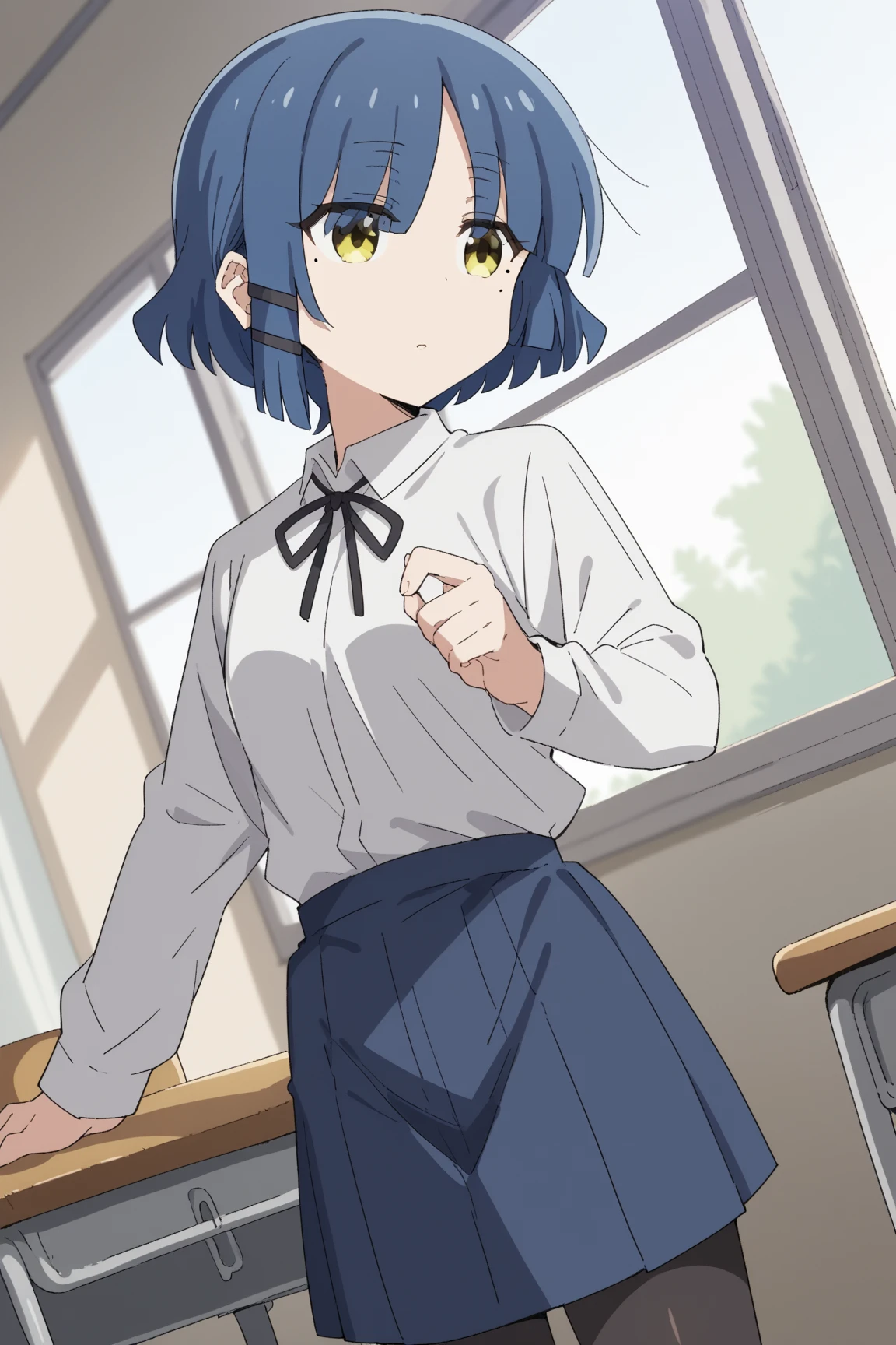 Beautiful lighting, One Girl, solo, Akane, White shirt, (((skirt))),Sweater vest, Black vest, Blue tie, ((Anime Style))、((2D))、Laughter、Open your mouth、Look forward,((Cotton panties with crotch)),(((skirtめくり, I can see your pants))),squat,From below,squat,squat,