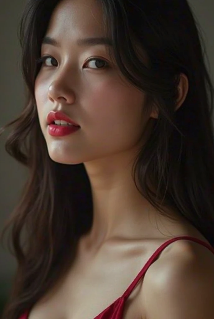 Highest quality,masterpiece,Very detailed,High resolution,26 years old,4K,ultra High resolution,Detailed Shadows,ultra Realistic,Realistic,Dramatic lighting,One woman,alone,Detailed face,Realistic eyes,Realistic skin,Red dress,Black Hair,Dynamic pose