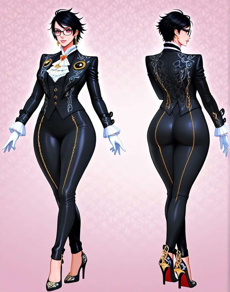 (Masterpiece), (Best quality: 1.2), absurd and intricate details (Highly detailed skin: 1.2), (huge breasts) beautiful woman, red lips, purple hair tied in a bun, purple eyes, glasses, office worker suit , very short tight miniskirt, cleavage, black pantyhose, Earrings, heels, serious expression, ((Full body standing, white background, character sheet))