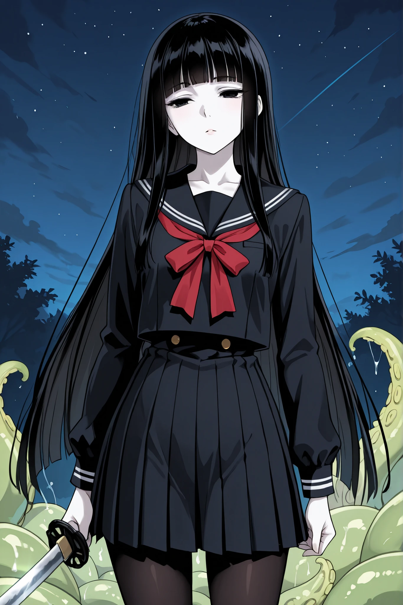 1 girl, beautiful girl,adult,18 years old,black eyes,narrow eyes,black hair, very long hair,blunt bangs,skinny,masterpiece,general,highres, ultra-detailed,very aesthetic,best quality ,best hands,best eyes,perfect anatomy,anime coloring,easynegative,black long-sleeve sailor uniform with red ribbon,black sailor suit, long sleeves,black tights, anime style,white skin,whole body,night,green tentacles,green slimes (substance),hold a katana