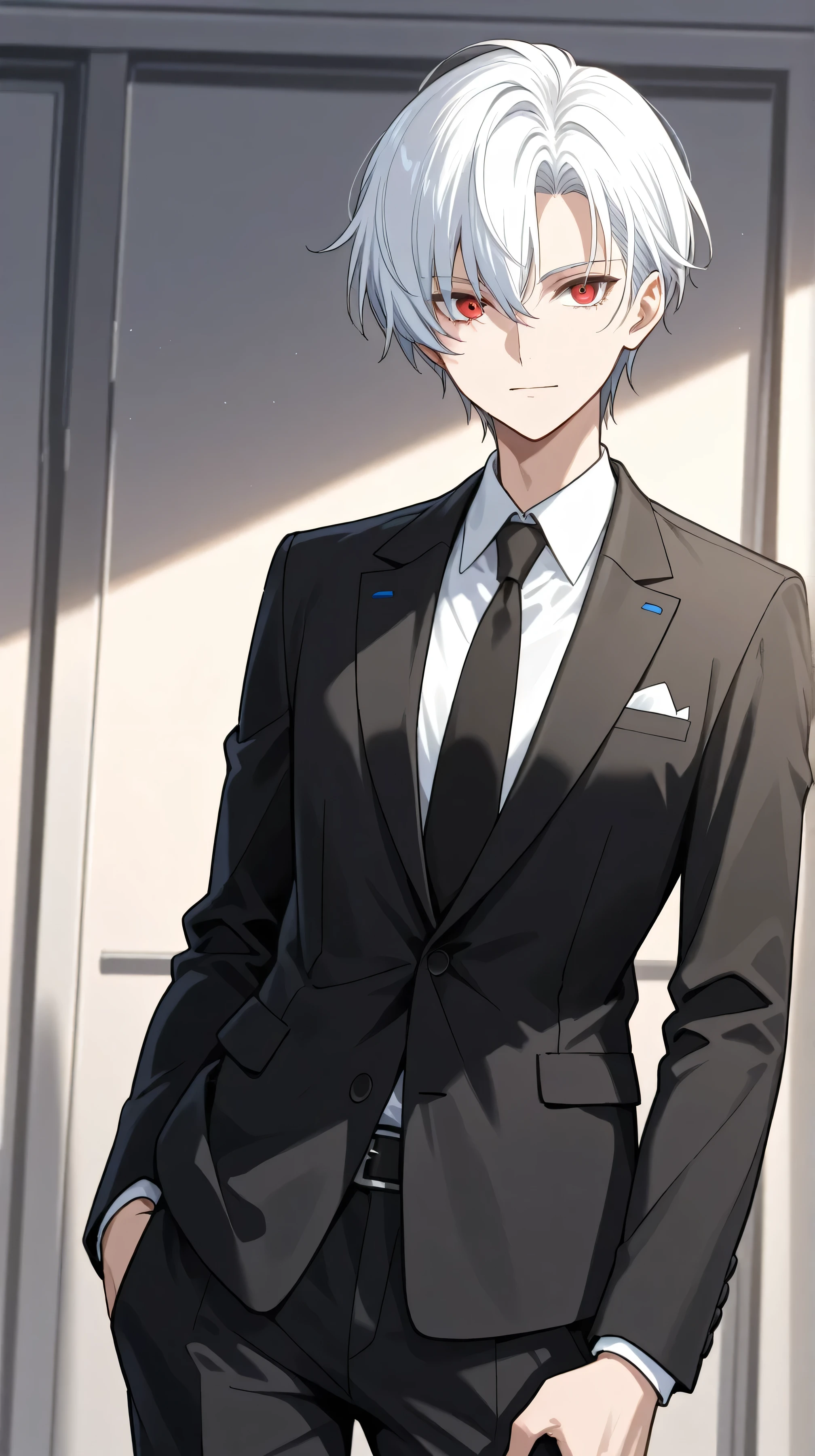 men white short hair,red eyes, black suit front view