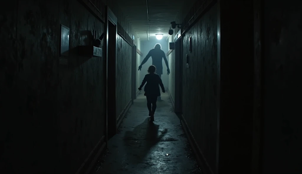 A long dark scary hallway. At the back of the corridor stands Freddy Krueger with his glove. Casts a huge shadow. Multiple layers . Double exposure. Shadows. A glove with razors. Blood and mold leaks . Ghosts of children playing jump rope. Dramatic light. Shadows intensifying the atmosphere of horror. Hyperdetailing. 32k "A Nightmare on Elm Street" movie 1984.