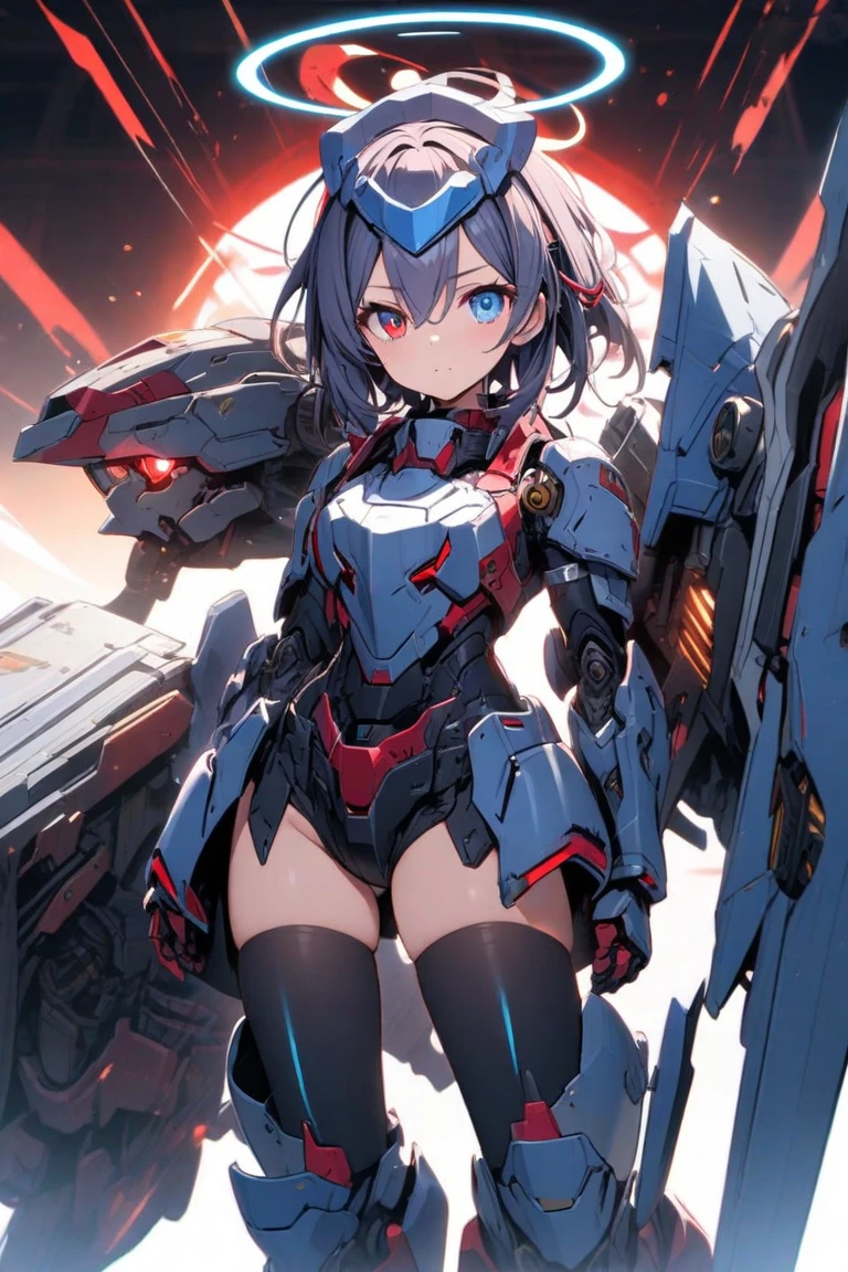(masterpiece, best quality, detailed), 1girl, solo, long hair, light blue hair, gradient hair, purple hair, yellow eyes, heart hair ornament, looking at viewer, two side up,
<lora:mecha_offset:1>, mecha musume,mechanical parts, robot joints,single mechanical arm, headgear, mecha corset, full armor, world war ii, war, military vehicle, battlefield, battle, dust, smoke, burning, fire, red sky, explosion, fighting stance, (clenched hands), legs apart, grin, v-shaped eyebrows