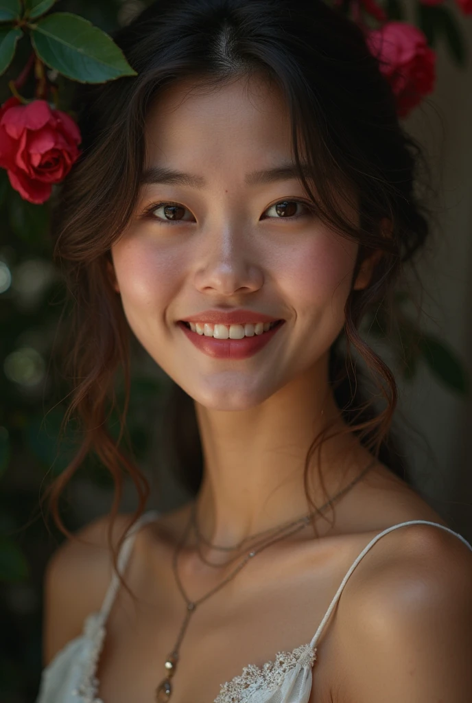 long hair, chest, looking at the audience, smile, black hair, depth of field, high resolution, Hair highlights, red lips, fisheye lens, Hair flowers,