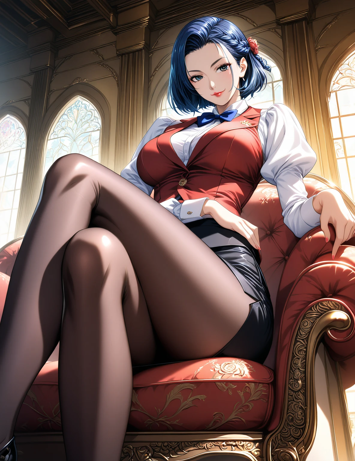 (masterpiece, best quality), 1girl, Blue-gray High Fade with Short Pomp, flat chest, <lora:Shunga:1>