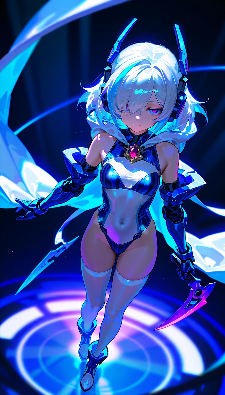 mesmerizing magical girls with dark gothic attire, revealing outfit, and a captivating presence. Radiating a seductive glow in vibrant neon lighting embracing a female magical girl with blue hair, ulta high detail, 8k graphics