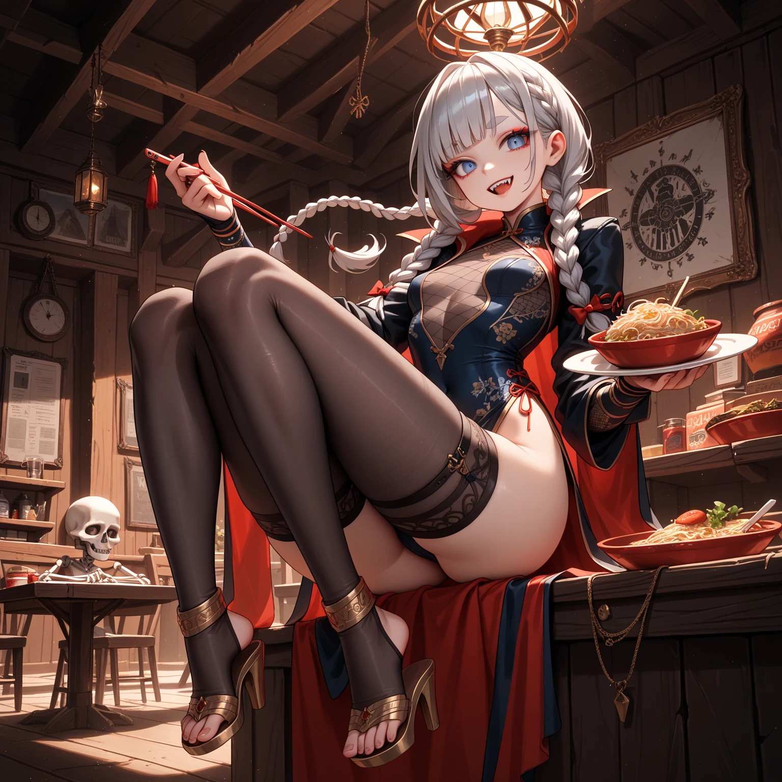 masterpiece, highest quality,, GBF, Black gloves, Black knee socks, Cape, draft, Grey Hair, horn, Big Breasts, Long Hair, Pointed Ears, mini skirt, Red Skirt,, indoor, cake, Happy, close your eyes