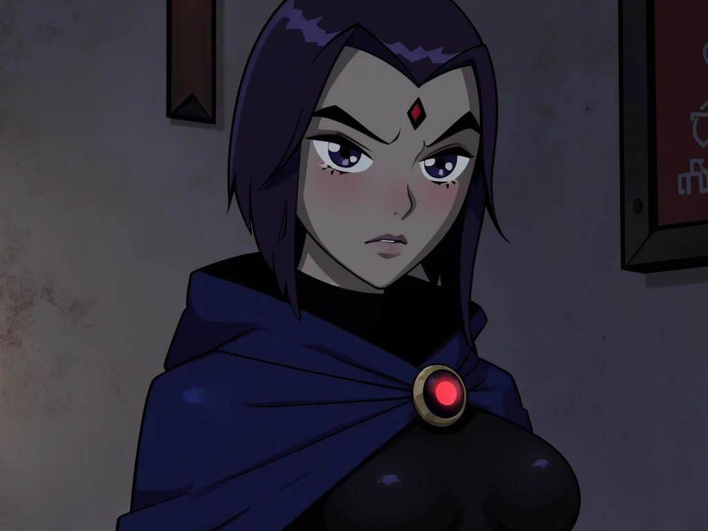 rachelroth,short hair, purple hair,head jewel, (grey skin:1.3),masterpiece, best quality, 1girl,closeup, solo, nsfw, tits, hanging breasts, huge tits, collar, nude girls:1.5, hanging breasts, nsfw, cape, belt, , flying, in the sky, city in background, flying girl, in the air over a city, annoyed expression, , 1girl, solo, handsfree, FULLY NUDE, NUDITY, EXPOSED, exposed midriff, nipples, pussy, action shot,looking at viewer