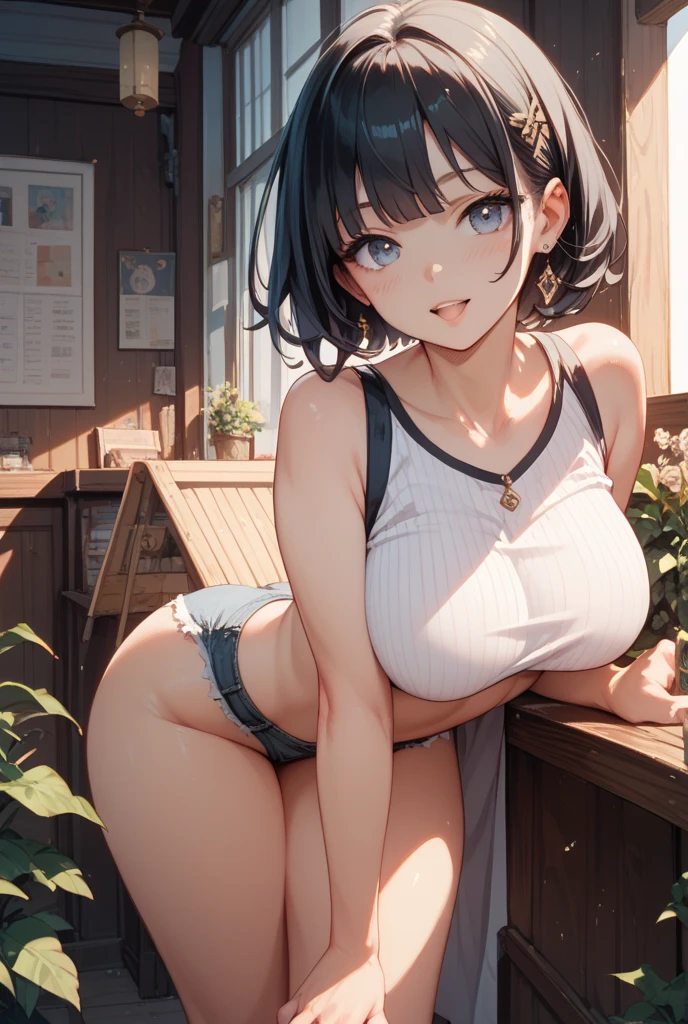 very cute and beautiful girl,(highly detailed beautiful face and eyes),(seductive smile:1.2),blush,black hair,low twintails,looking at viewer,
wet,sweat,standing,(white transparent camisole),exposing thighs,antique hotel room,gorgeous furnitures,window,ocean view,
(best quality,masterpiece),absurdres,highres,ultra-detailed,extremely detailed,32k,8k resolution,
intricate details,cinematic scene,detailed background,solo,dynamic angle,