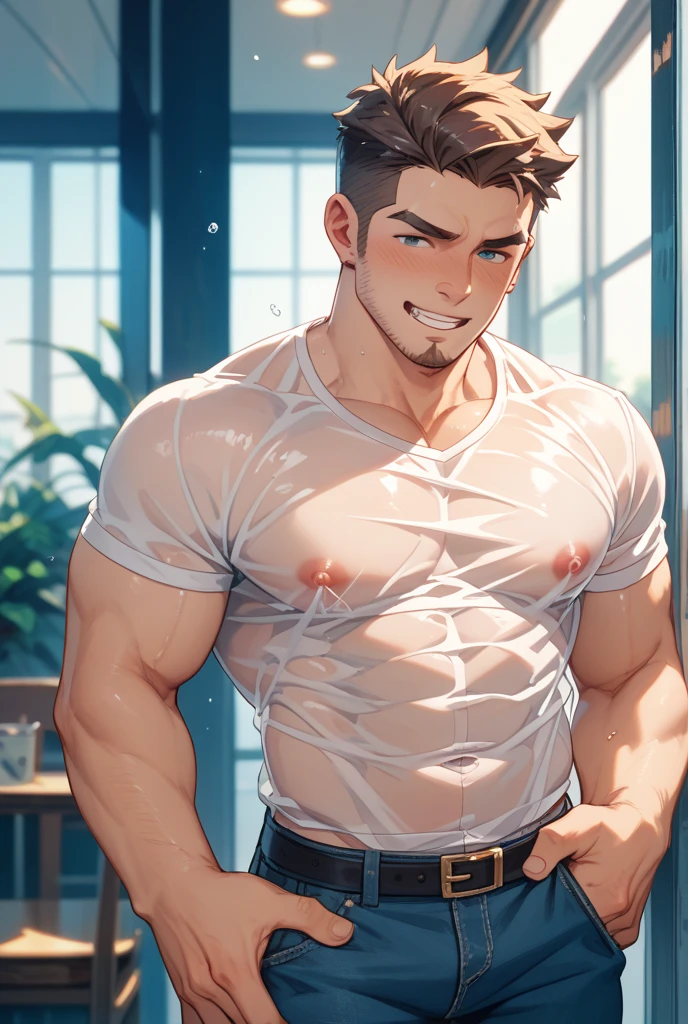 full body, cute 13-year-old boy, cute baby face, solid body, dripping sweat, shiny skin, wearing triangle panties, bulging underwear due to erection ????????,  topless, shirtless (photo corner from the bottom