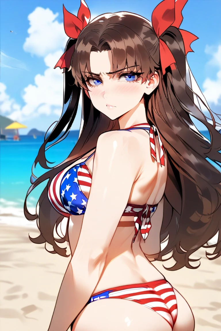highest quality、best image quality、beautiful eyes、very delicate and beautiful、beautiful eyes、pink eyes、I、I、11 year old girl、Japanese、、Chiquita、Noble、primary school student、black hair、barefoot、(((stars and stripes bikini)))、(High leg)、tiara on head、dull smile、standing and facing forward、The background is the beach
