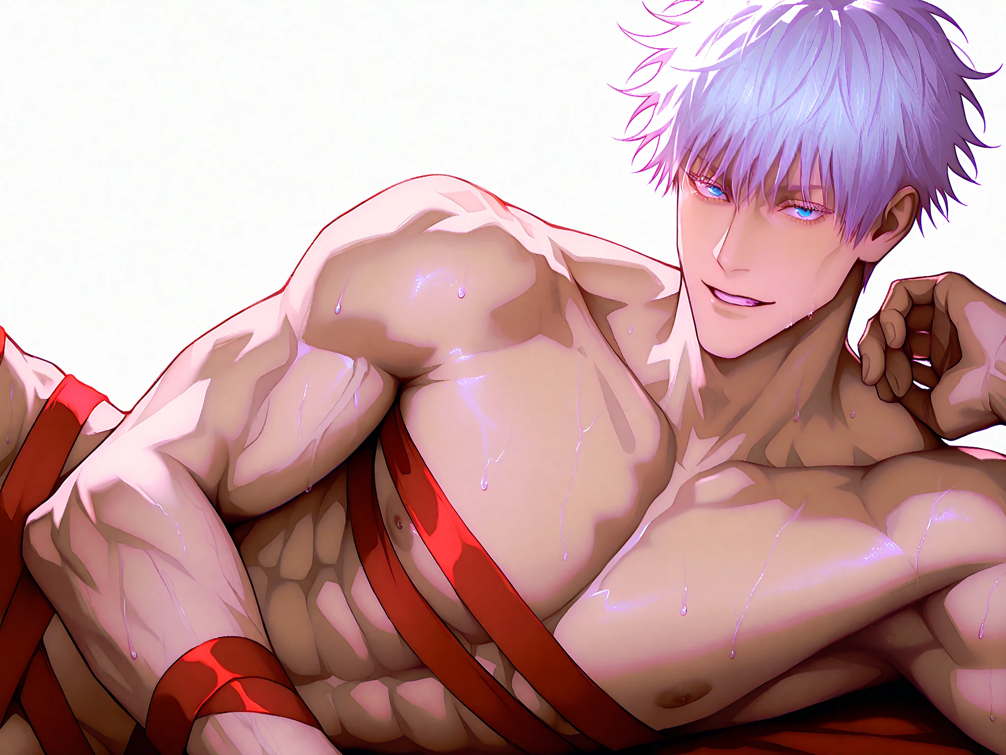 absurdres, highres, ultra detailed, HDR, master piece, best quality, extremely detailed face, delicated features, Dabi, white hair, expressive turquoise eyes, boku no hero academia, solo, sexy man, handsome, toned chest, horny, sensual, erotic, white coat, black boxers, red couch, sitting, room