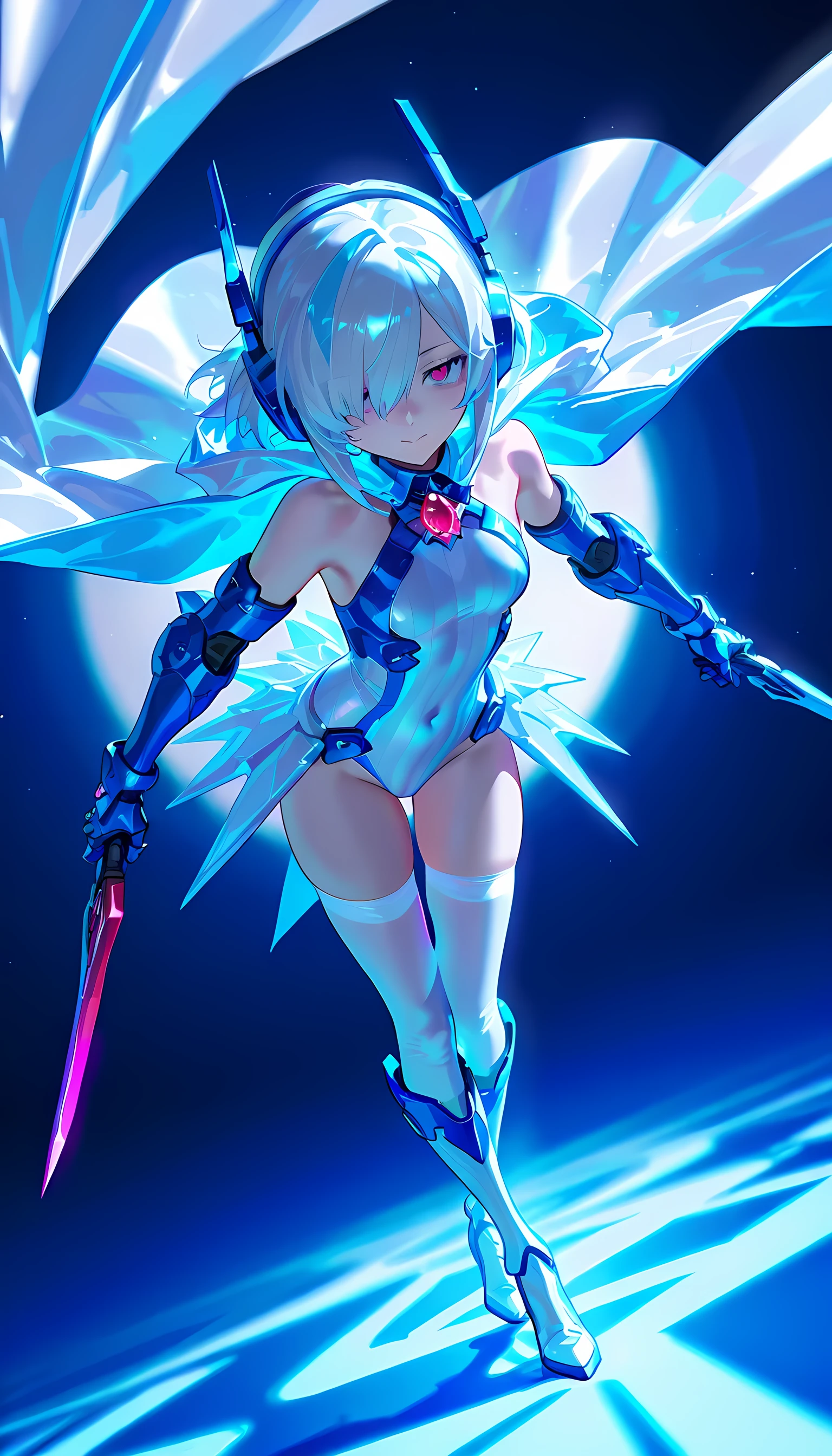 best quality, ultra detailed 8k cg render,,masterpiece, high resolution, extremely detailed,official art,science fiction, ice background,ice,(very wide shot),light and shadow,dynamic lighting,1 girl,solo,full body,attractive face ,(dancing:1.2),spread arms,looking at looking at viewer,smile,blue hair,side ponytail,black hairred eyes, long eyelashes,red eyes,straight eyeliner,tiny girl,see-through dress, glowing, glow white,mecha musume, headgear,(highly detailed full blue armor),a heavy mech with massive and strong design,((belly button visible, wide skin area,nsfw)),