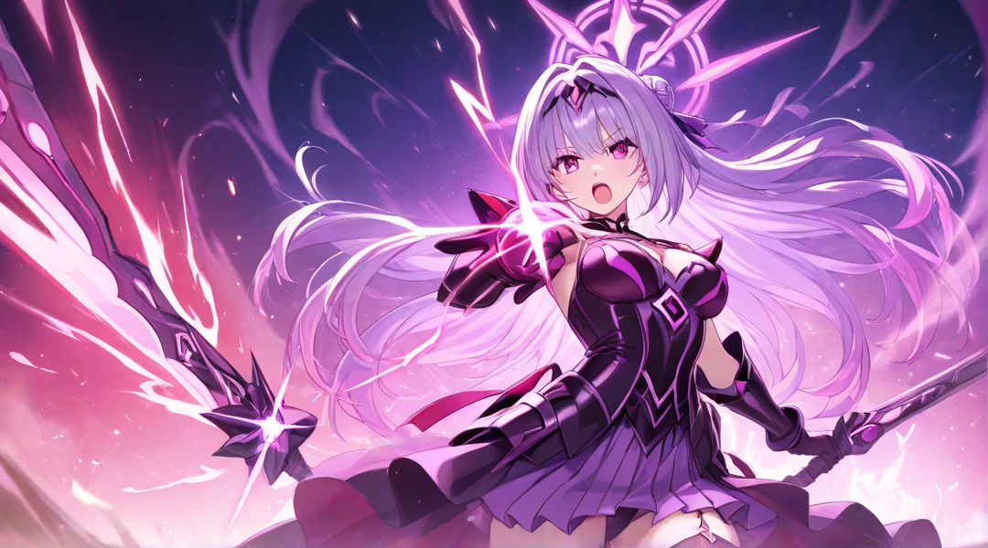 (Assymetrical) (Masterpiece), (The best quality), Perfect lighting, beautiful girl, perfect girl, (sexy), hands hidden, dark magician girl, (color pallette:neon green,neon purple), touching her long neon UVhair, flowing hair, dynamic pose, provocative pose, big tits, neckline, create a magic background using shades of pink purple and blue. Walking out of a magical heart shaped Portal.