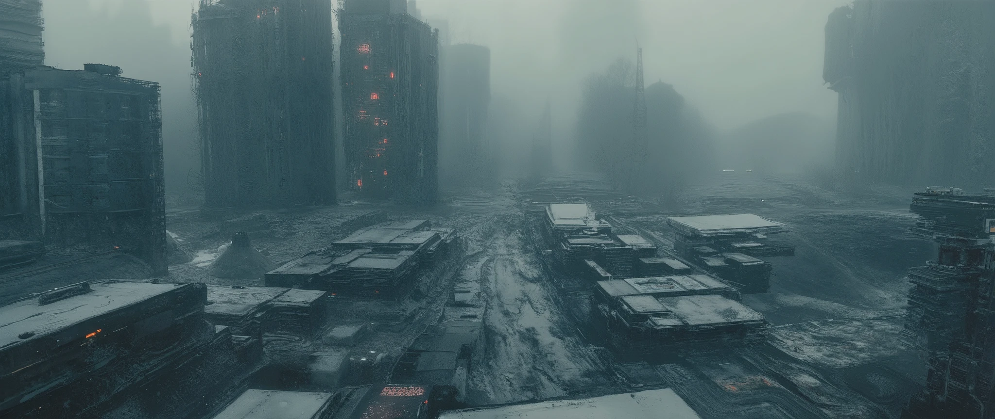 Apoclypse dark scifi antigravity floating dystopian brutalist Soviet city on the siberian void, atmospheric view