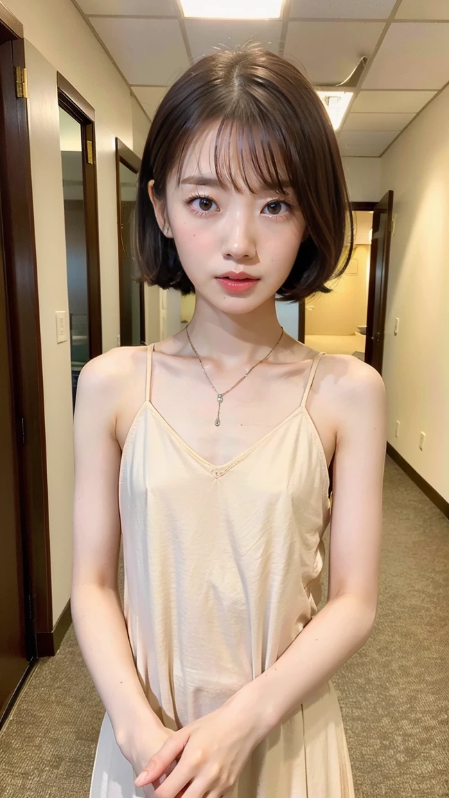 (Highest quality, Very cute girl) Thin and thin eyebrows　Light pink camisole, (amazingly beautiful breasts)  gravure　Side Shot, Looking at the audience, 16 years old　 Beautiful straight bob hair　flowing bangs　Small Head, Medium chest, Sharp focus, Fine skin, Eyes and Face　The background is beautiful and wide..  Luxurious and beautiful living room　Bookshelf　Open book