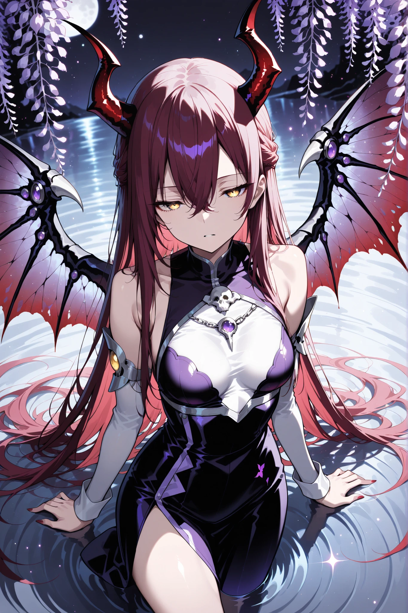 1 girl , golden eyes , very long hair , long sidelocks, red hair ,half updo, petite , very cute , beautiful ,Straight hair, cool, handsome, hair between eyes, sexy, female, mediumlarge breasts, lovely, mysterious purple streams, pulled down, red demon horns, ((gray violet theme:1.4)), pattern palette :light blue-dark purple, beautiful face, ((angelic attire:1.2)); , purple burning lake, , purple patterns, ((rippled purple explosions:1.5)), intricate faded hair, swirling liquid, armored mouth, bare shoulders, skulls, blissful resonance, chains, ((red universal shaped wings:1.2)), sat in the lake, ((purple horizon/smoke:1.2)), purple drape, ((two moons:1.2)), sharp red nails, , purple glowing stream, ((horror ambience:1.3)), half closed eyes, cowboy shot, open canyon, white stars, descending, soft lighting, brilliant particles, ((pink brilliant night:1.2)),, minimal color palette, minor wide shot, from above, minor scenery view, textured background, beauty, cowboy shot, ((purple overgrown wisteria:1.2)), , beautiful eyes, focus face, dark aesthetic,character focus, depth of field, glowing particles, glowing, reflection, purple theme, red wings, sat,
